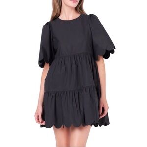EnglishFactory Black Babydoll Tiered Scallop Sleeve Pockets Mini Dress Sz XS
